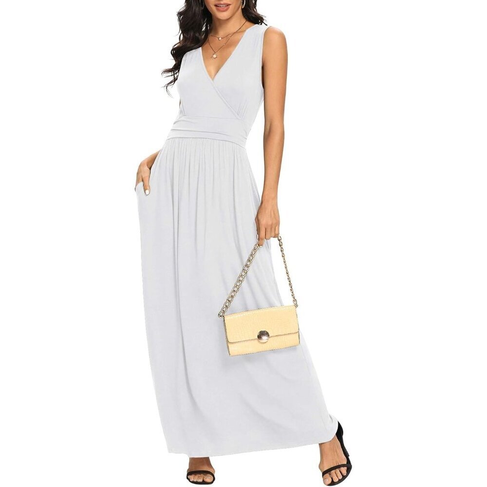 Women White Deep V Neck Sleeveless Loose Plain Long Maxi Stretchy Dress - Picture 1 of 6